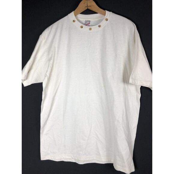 Vintage 1980s Jerzees Grid Tag 50 50 Blend T Shirt Buttons Collar Large Mens - Picture 2 of 8